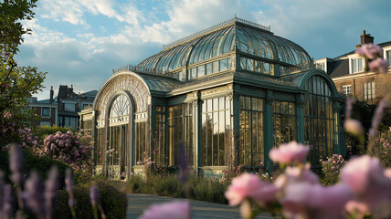 Ornate victorian greenhouse with intricate glass architecture surrounded by lush greenery and blooming flowers under a cloudy sky