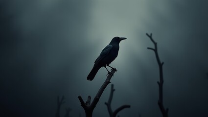 Mysterious crow perched on a barren branch under the haunting twilight sky in a secluded forest