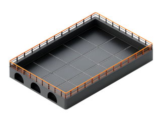 Isometric Industrial Platform With Orange Railings And Arched Openings structure isolated on a transparent background