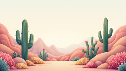 Vibrant desert landscape filled with colorful cacti and blooming flowers under a soft pastel sky during golden hour