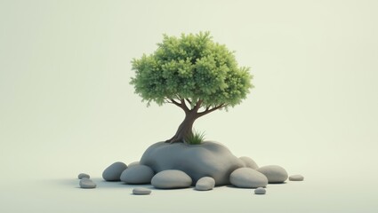 Solitary tree flourishing on a serene stone island in a minimalist landscape evoking tranquility and resilience