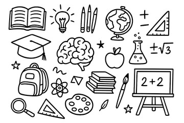 Hand drawn education doodle set. School and learning icons. Vector knowledge symbols like book, brain, globe, art, math and science supplies. Back to school cartoon illustration.