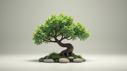 Solitary tree flourishing on a serene stone island in a minimalist landscape evoking tranquility and resilience