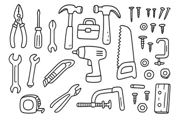 Hand-drawn workshop tools set in doodle style. Vector illustration of construction and repair instruments. Carpentry and DIY icons collection. Hammer, saw, wrench, drill.