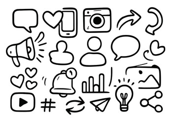 Hand drawn social media icons. Doodle sketch symbol collection for web and app UI. Vector marketing set with like, comment, share, follow, notification, hashtag, and user.