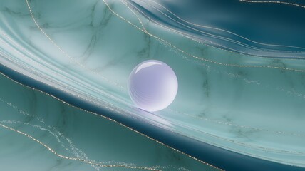 Abstract swirling teal and white liquid with a glowing orb