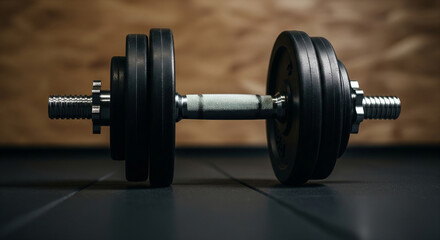 Obraz premium A black dumbbell with weight plates on a dark floor against a wooden background, ideal for fitness and strength training