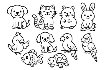 Cute pets collection for kids coloring book. Kawaii cartoon animals line art set. Dog, cat, rabbit, bird, fish, turtle, hamster icon pack. Vector illustration outline.