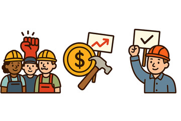 Labor day icon set with union solidarity fist, fair wages, and workers' rights. Vector cartoon illustration of protest, collective bargaining, and fair pay for employees.