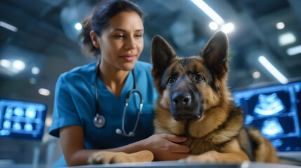 Young Hispanic Male Veterinary Surgeon Performing Ultrasound Scan on Pregnant German Shepherd Dog in High-Tech Diagnostic Room. Specialist Using Advanced Imaging Equipment While Mo