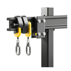Metal Crane Hook Assembly with Yellow Grips and Chains lifting equipment isolated on a transparent background