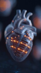 Digital human heart with glowing circuits inside. Artificial intelligence concept in medicine. Futuristic biotechnology and cardiology diagnosis.