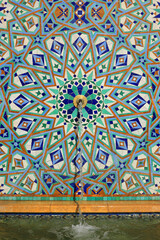 Detail of fountain with symmetrical Islamic - Arabesque style glazed wall tiles. Casablanca, Morocco.