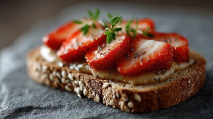 A fresh slice of whole-grain bread topped with sliced strawberries and a sprinkle of herbs, showcasing a delightful and healthy snack option.