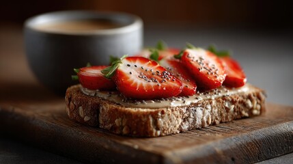 A delicious slice of whole grain bread topped with fresh strawberries and chia seeds, accompanied by a cup of coffee.