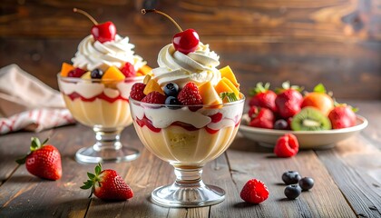 Dessert parfait with whipped cream and fruit