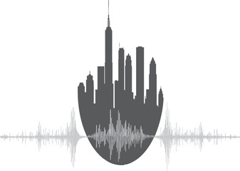 City skyline silhouette within a circle, audio wave below white background.
