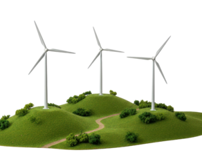 Three Wind Turbines on Lush Green Hills