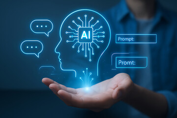 Artificial Intelligence Hologram in Hand with Digital Brain and Chatbot Communication Icons.