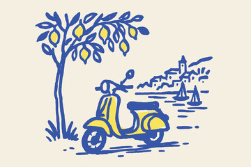 Lemon tree with coastal town Amalfi Sicily sketch vector illustration