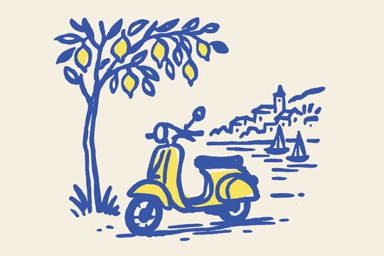 Lemon tree with coastal town Amalfi Sicily sketch vector illustration
