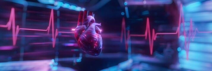 Abstract 3D human heart model with glowing lines and pulse graph. Future medical technology for cardiology and healthcare analysis.