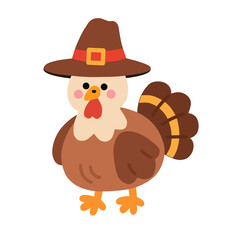 Flat Cartoon Turkey Character Wearing Pilgrim Hat for Thanksgiving Celebration
