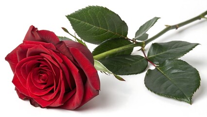Naklejka premium Vibrant red rose with a long green stem, resting peacefully, perfect for romantic themes.