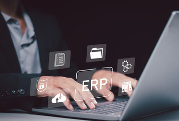 ERP, Enterprise resource planning concept. Connections between business intelligence, HR and CRM...