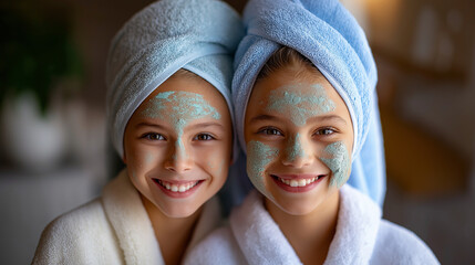 Young Caucasian Sisters Performing Weekly Face Mask Treatment Together in Spa-Like Bathroom Setting. Siblings Applying Clay Masks While Wearing Fluffy Robes and Hair Towels in Rela