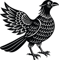 black bird with raised wings, stylized animal illustration, bold graphic.
