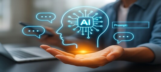 Artificial Intelligence Hologram in Hand with Digital Brain and Chatbot Communication Icons.