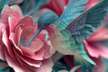Obraz premium A hummingbird delicately feeds from a vibrant, layered rose flower, showcasing intricate details and soft color gradients.