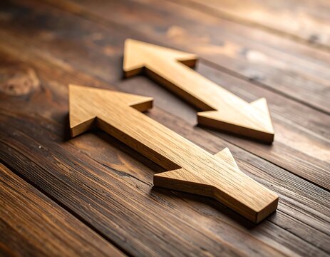 Two wooden arrows point in opposite directions on a dark wooden surface