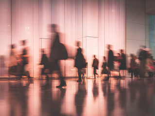 Busy business commuter in motion in a modern building.