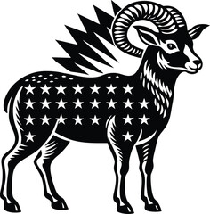 black ram illustration with spiral horns and star pattern body art.