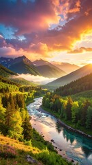 beautiful sunrise over the mountains and river