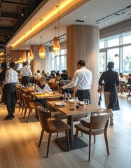 Obraz premium Modern restaurant interior with staff and diners