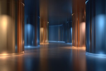 A polished, metallic hallway with copper and blue columns, illuminated by glowing light, creates a sophisticated and futuristic ambiance.