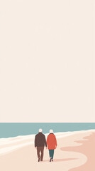 Minimalist illustration of an elderly couple holding hands as they walk along a quiet beach, pastel tones, calm sea and wide sky, evoking serenity, love, and companionship
