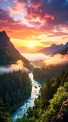 beautiful sunrise over the mountains and river