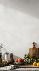 Sunlit rustic kitchen countertop with wooden cutting board, pepper mill, ceramic jars, grapes, lemons, and oranges on plates, creating a cozy minimal still life against a textured wall.
