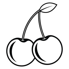 Minimalist vector illustration of a pair of ripe red cherries with green stems and leaves