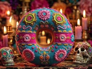 vibrant yarn-crafted donut with neon floral sugar skull patterns: a perfect poster for festive interior decor and sports themed spaces