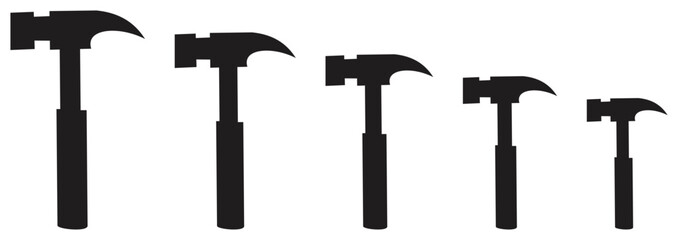 Silhouette of hammers in different sizes.