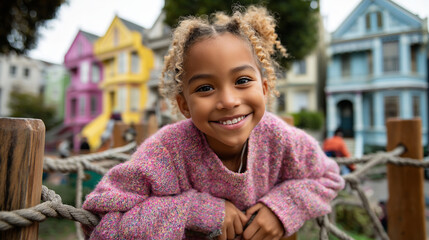 Young African American Girl Climbing on Wooden Jungle Gym and Rope Ladder in Front of Colorful Victorian House. Active Child Developing Gross Motor Skills While Playing on Custom P