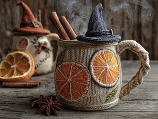 enchanting autumn vibes: photorealistic apple cider yarn mug with cinnamon sticks and witch hats - perfect poster for rustic halloween farmhouse decor!