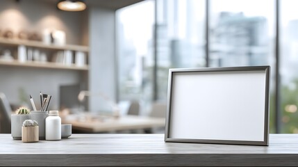 Fototapeta premium Minimalist Workspace with Empty Frame and Decorative Elements