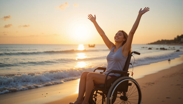 Happy woman in a wheelchair enjoying sunset on the beach with raised arms - Powered by Adobe