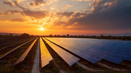 Solar farm at sunset rows of panels reflecting golden light renewable energy clean power